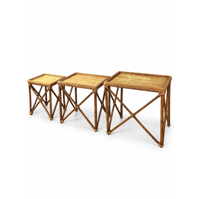 1970s Vintage Coastal Bamboo & Woven Rattan Nesting Tables – Set of 3 For Sale In Las Vegas - Image 6 of 7