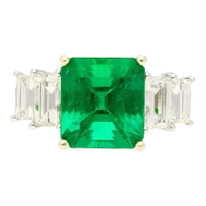 4.26 Carat Vivid Green Colombian Muzo Mine Emerald & Emerald Cut Side Diamond Ring Size 6.5