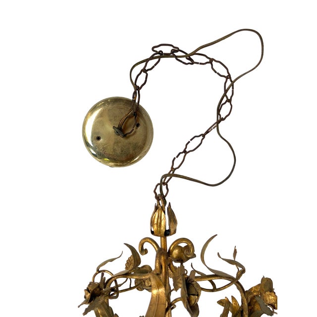 Metal Antique Italian Tole Gold Painted Chandelier For Sale - Image 7 of 12