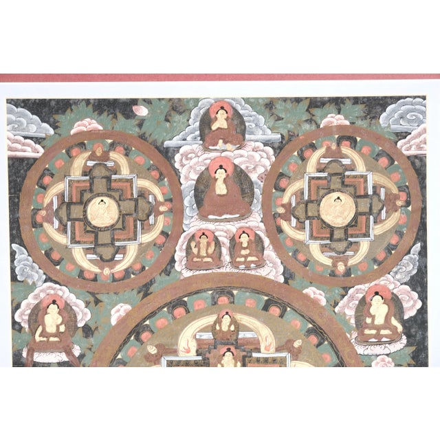 19th Century Tibetan Thangka Featuring Buddhas in Various Mudras Painted on Silk ~ Board Mounted Matted and Unframed For Sale In San Diego - Image 6 of 10