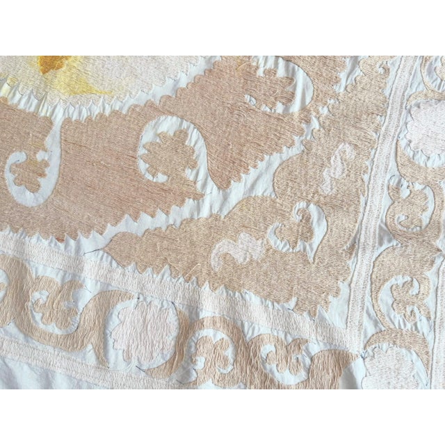 Tan Hand-Embroidered Neutral Tan Suzani Wall Hanging, 5' X 5'1'' For Sale - Image 8 of 9