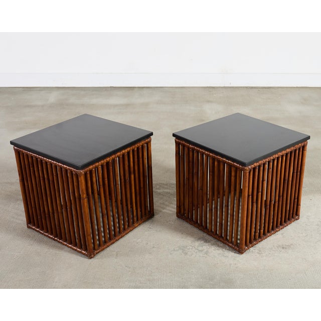 Late 20th Century Pair of McGuire Bamboo Cube Granite Top Drinks Tables For Sale - Image 5 of 18