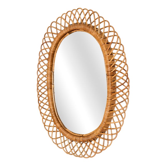 Large Oval Mirror in Bamboo, Rattan and Wicker attributed to Franco Albini, Italy, 1970s For Sale