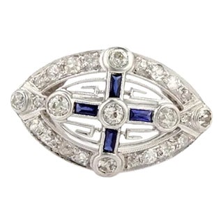 Sapphire & Diamond Platinum Cross Design Ring, Size 7 For Sale