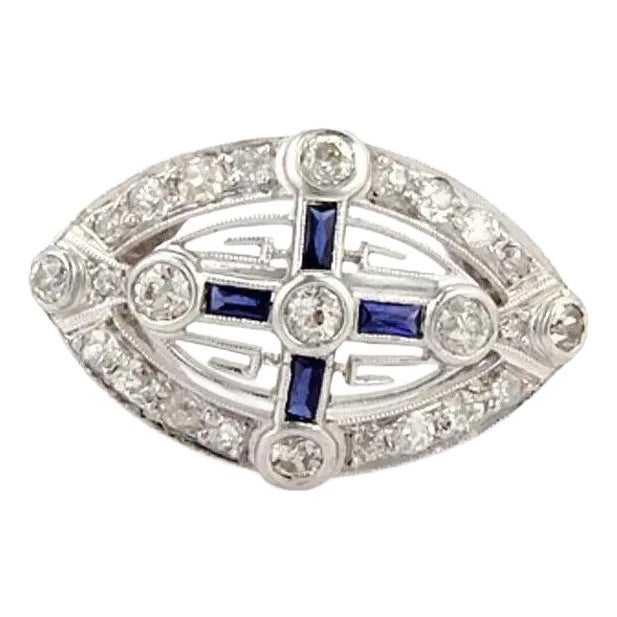 Sapphire & Diamond Platinum Cross Design Ring, Size 7 For Sale