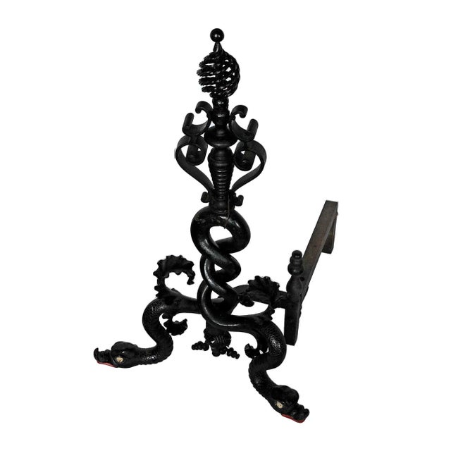 Andirons Antique Wrought Iron With Serpentine Shaft, Scrollwork and Birdcage Finials - A Pair For Sale In New York - Image 6 of 6