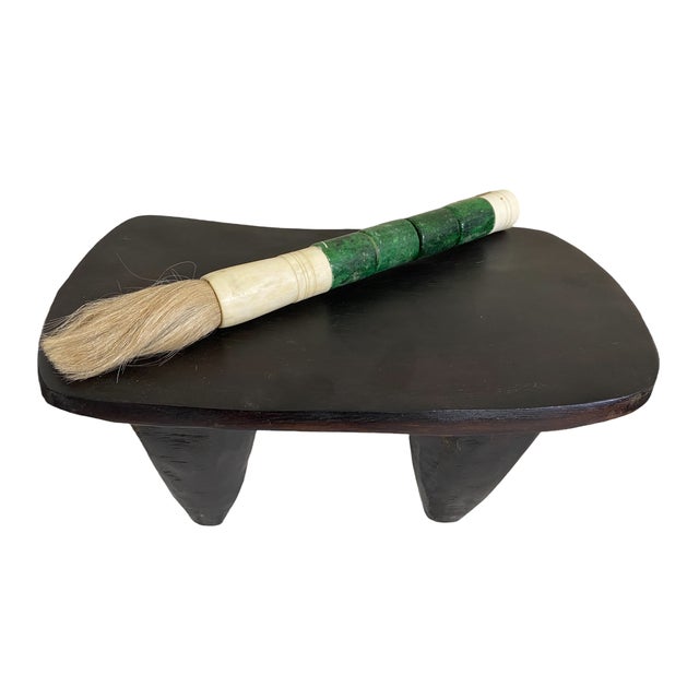 This striking large Chinese calligraphy brush features a jade color soapstone handle dyed amber and ox bone accents,...