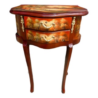 Hand-Painted Accent Side Table With Two Drawers – Solid Wood Nightstand in Scenic Landscape Design For Sale