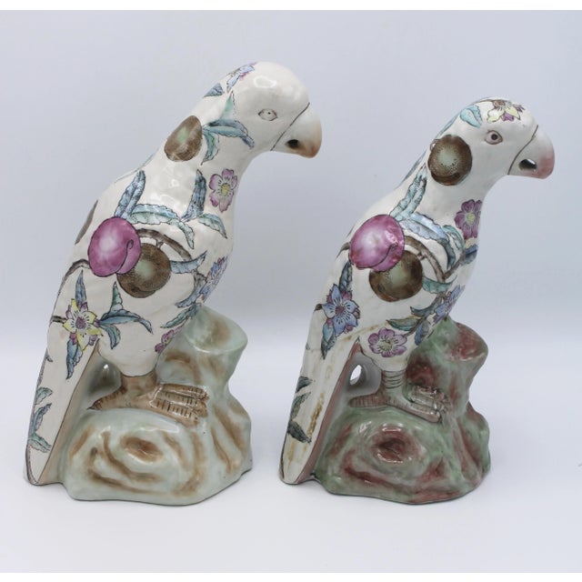 Ceramic Large Mid Century Famille Rose Chinese Export Parrot Figurines - Set of Two For Sale - Image 7 of 12