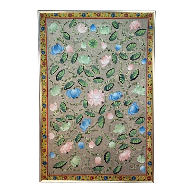 Vintage 4x6 Hindu Lotus Pond Pichwai Framed Wall Panel Art For Sale