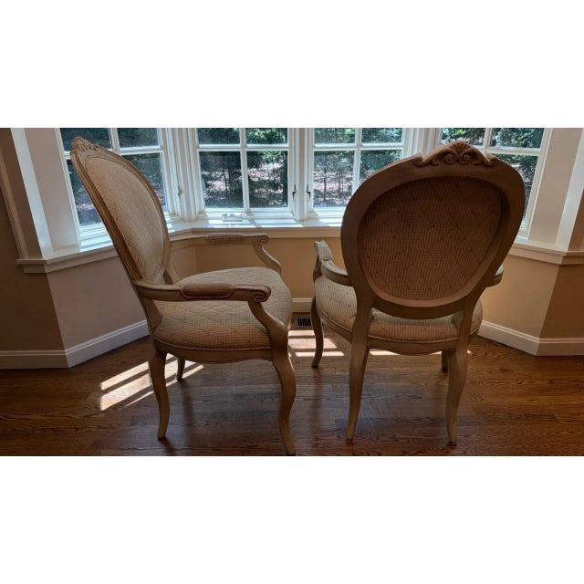 Set of 7 French Louis XVI Style Oval Back Dining Chairs – Distressed Painted Finish & Quilted Upholstery For Sale - Image 4 of 16