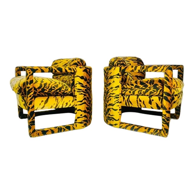Pair of Custom Tiger Print Accent Chairs in the Style of Milo Baughman For Sale In Dallas - Image 6 of 8