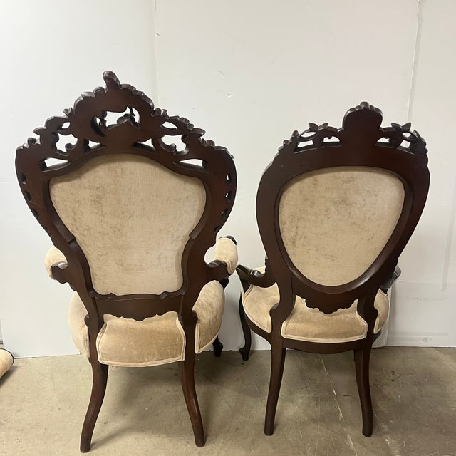 Victorian Pair of Turn of the Century Walnut Victorian His & Her Chairs For Sale - Image 3 of 9