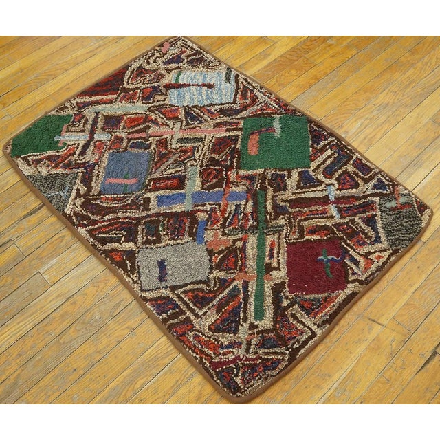 1940s Multicolor Abstract Folk Art American Hooked Rug 2'5" X 3'6" Handknotted Wool Carpet For Sale - Image 4 of 12
