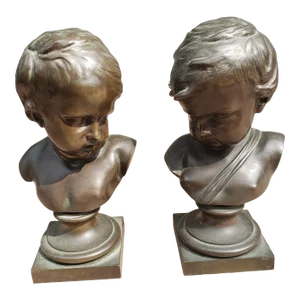 Pair of Continental Patinated Bronze Busts of Youths, Circa 1880s