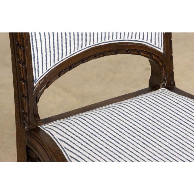 French Louis XVI Style Walnut Dining Chairs, Blue Striped Linen Upholstery – Set of 6 For Sale - Image 9 of 18