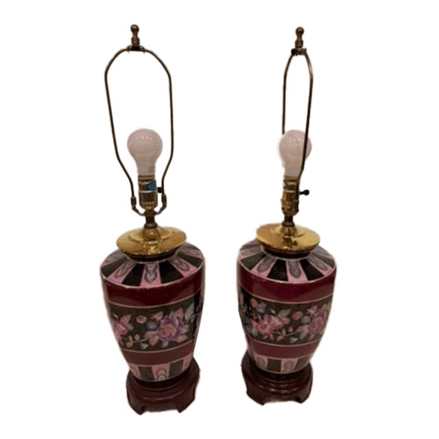 1960s Reliance Lamp Co. Chinoiserie / Ginger Jar Hand-Painted Lamp Set of 2 For Sale