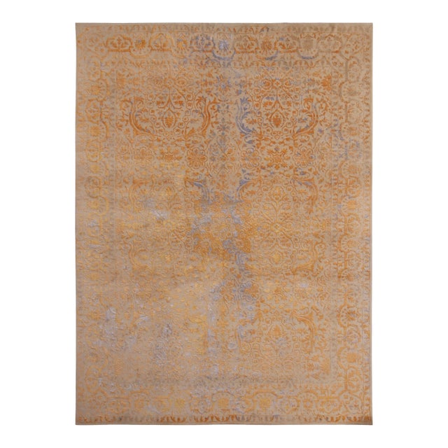 Rug & Kilim’s Geometric Floral Beige Gold and Blue Wool and Silk Custom Rug For Sale