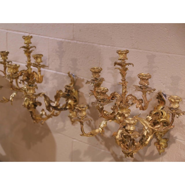 Pair of 19th Century French Louis XV Rococo Bronze Dore Eight-Light Wall Sconces For Sale In Dallas - Image 6 of 13