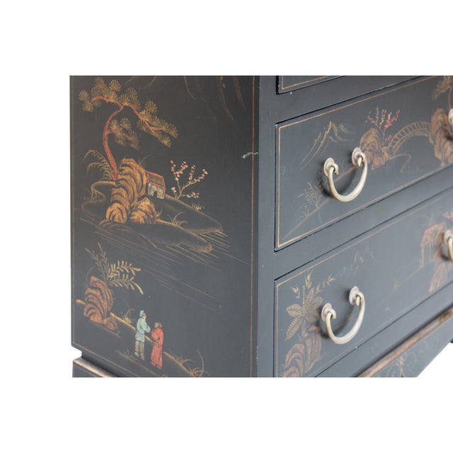 Chinese Oriental Black Gold Lacquer Scenery Graphic Chest Of