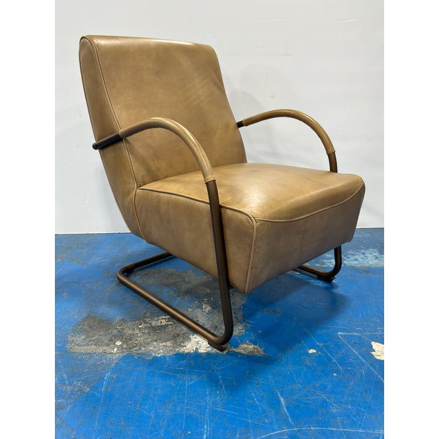 Stylish Classic Home Leather Accent Chair, metal frame. Camel color leather. Original Retail $1280. Showroom floor sample.
