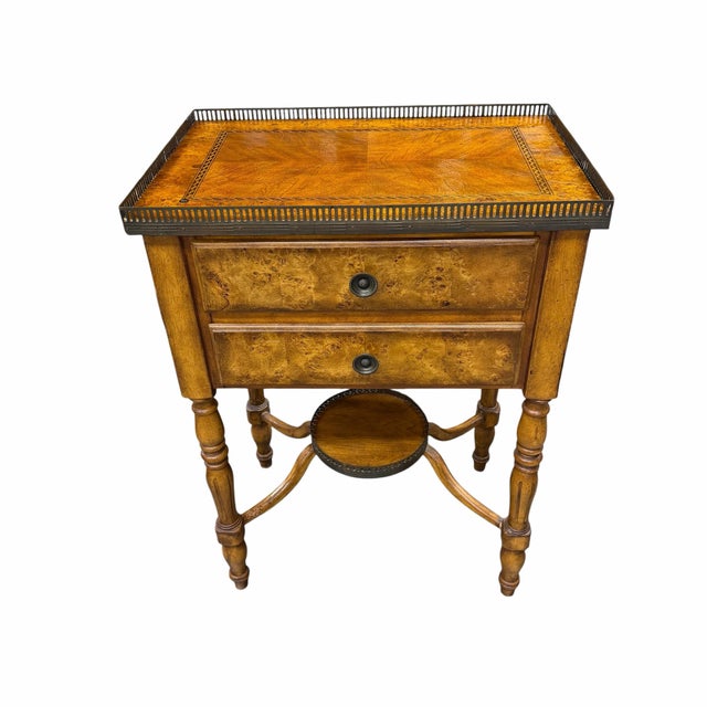Vintage two drawer, one shelf drinks or side table. The refinished top had a brass gallery surround and zigzag inlaid...