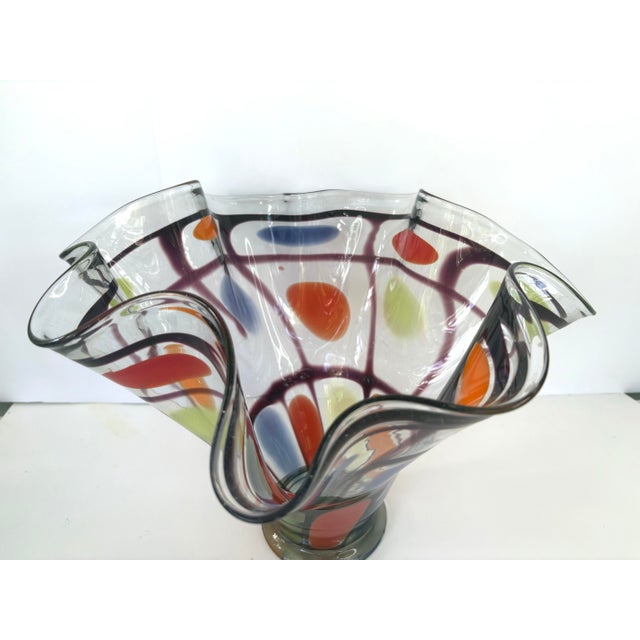 Late 20th Century Large Contemporary Hand-Blown Art Glass Vase With Ruffled Rim, Polychrome Inclusions 10.5” For Sale - Image 5 of 7