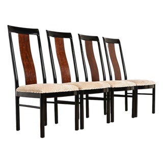 Drexel Heritage Mid-Century Modern Hollywood Regency Black Lacquer and Walnut High Back Dining Chairs, Set of Four For Sale