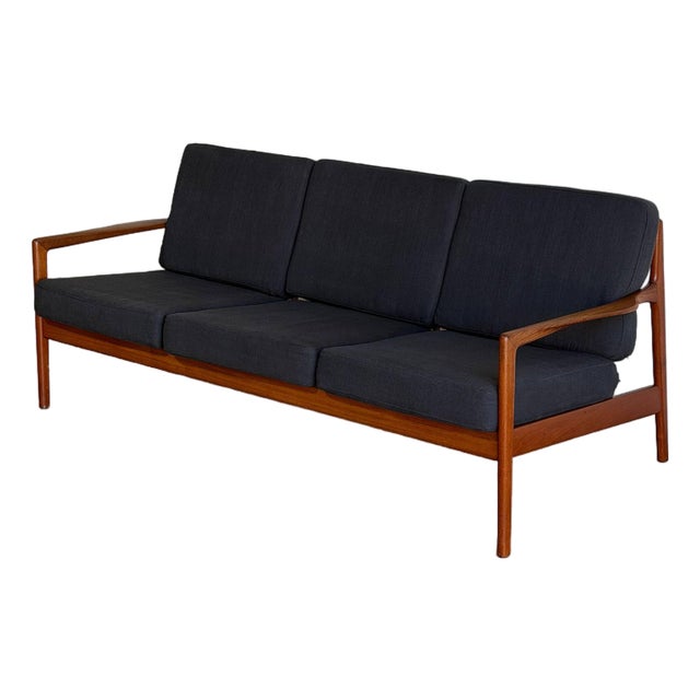 Teak Black 3 Seater Sofa Couch Mid Century Modern Wooden Living Room Lounge Denmark 1960s For Sale