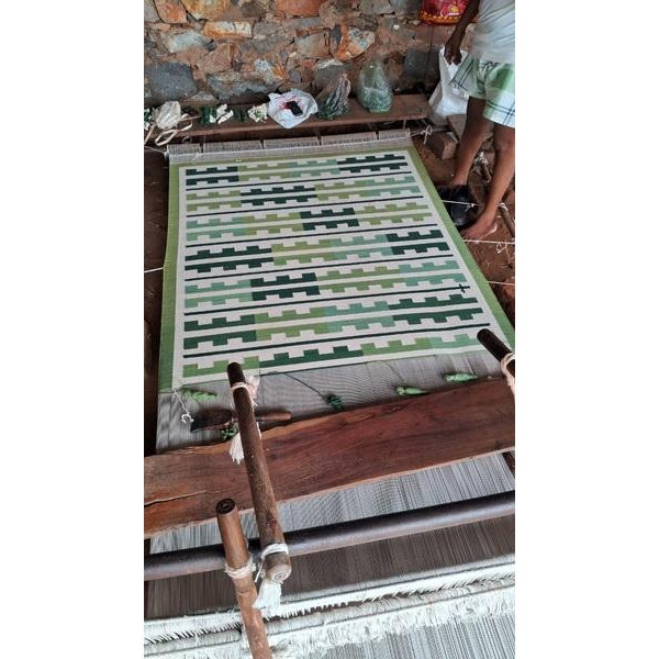 Dark Green Handmade Cotton Rug, Natural Vegetable Dyed, Green and White Marianne Rug - 6'x9' For Sale - Image 8 of 13