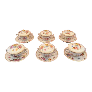 Antique Dresden Covered Soup Bowls and Saucers With Double Handles Set- 12 Pieces