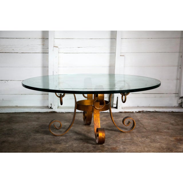 1970s Hollywood Regency Gold Gilt Iron Scroll Knocker Glass Top Coffee Table 40" For Sale - Image 5 of 5