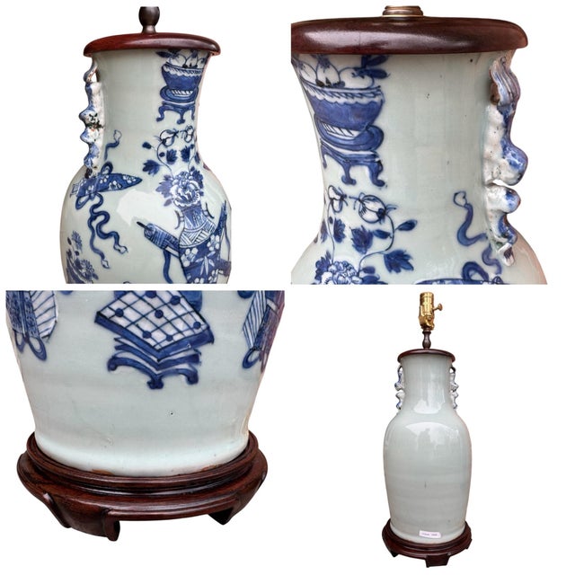 Mid 19th Century 19th Century Chinese Blue & White Celadon Glazed Pottery Vase Table Lamps - A Pair For Sale - Image 5 of 12