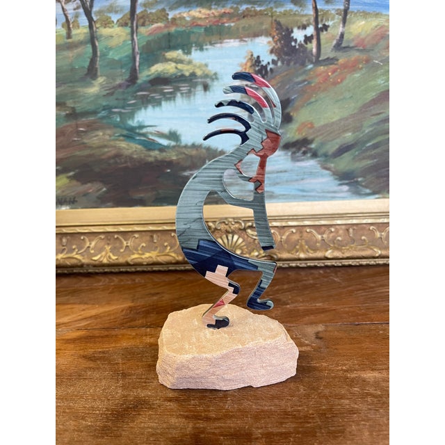 1970s 1970s Southwestern Kokopelli Stone Inlay Sculpture on Natural Sandstone Base For Sale - Image 5 of 9