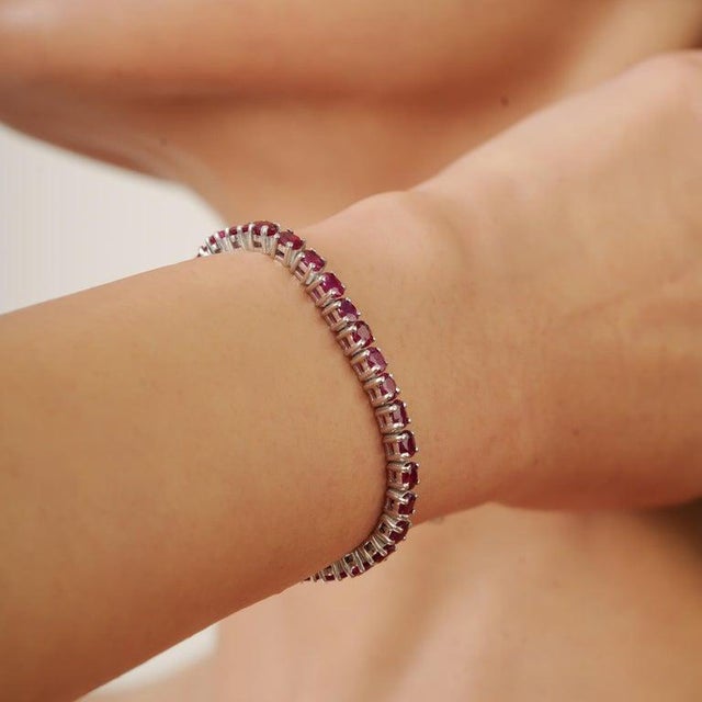 Red 925 Sterling Silver Ruby Tennis Bracelet- Elegant Red Gemstone Fine Jewelry For Sale - Image 8 of 9