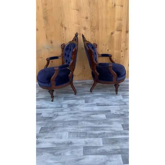 Antique Victorian Eastlake Carved His/Her Tufted Chairs Newly Reupholstered in Blue Velvet - Pair For Sale - Image 12 of 13