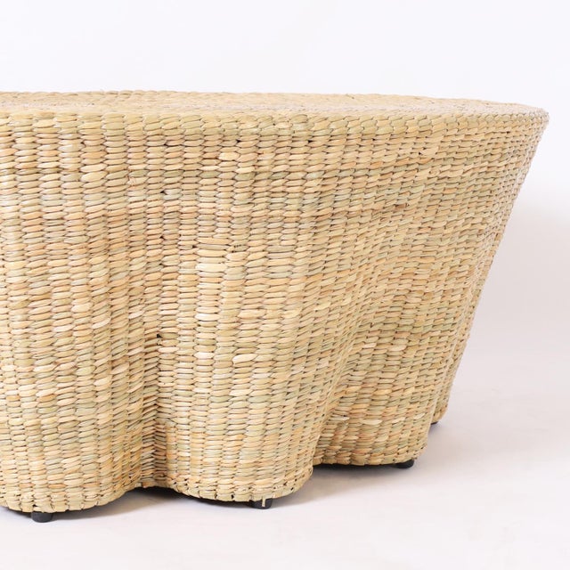 Wood Round Reed Wrapped Ghost Drapery Coffee Table For Sale - Image 7 of 8