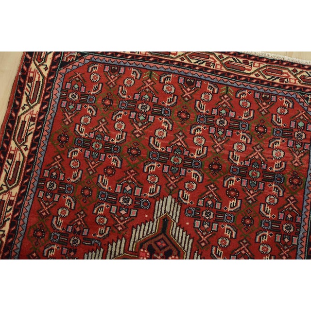Hamedan Rug 3’5” X 4’10” Red Wool Vintage Tribal Hand-Knotted Carpet For Sale In Philadelphia - Image 6 of 11