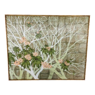 Massive Mid-Century Modern Lee Reynolds Botanical Oil Painting in Gold Gilt Faux Bamboo Wood Frame For Sale