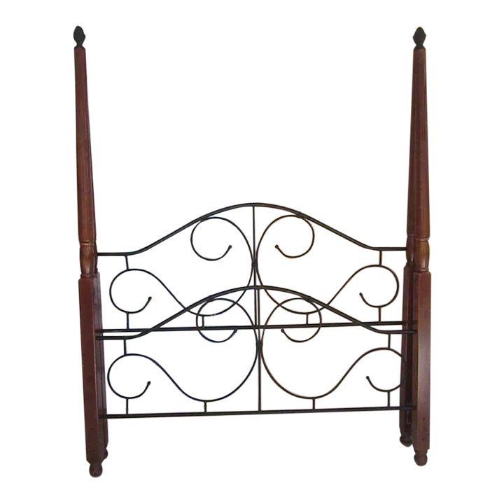 1990s Queen Wood Headboard and Footboard Black Metal Scroll Design
