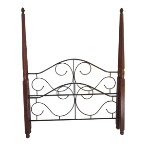 1990s Queen Wood Headboard and Footboard Black Metal Scroll Design Vintage - Set of 2