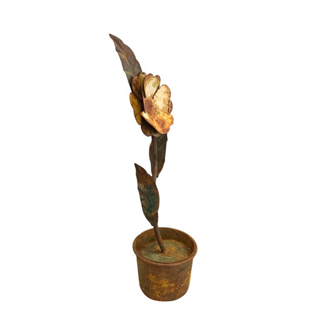 Late 20th Century Vintage Antiqued Tole Potted White Flower Sculpture / Toleware Floral / Flower Arrangement For Sale - Image 5 of 6