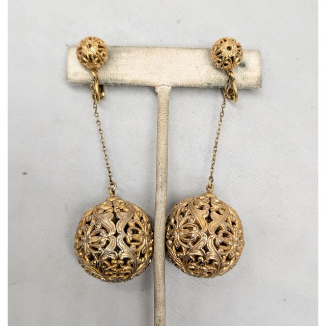 Vintage 1966 Signed Napier Goldtone Filigree Ball Drop Clip Earrings- 2 Pieces For Sale In Philadelphia - Image 6 of 8