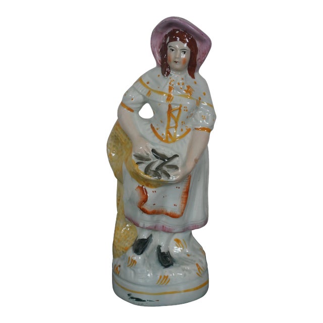 Antique 19th Century English Staffordshire Flatback Fishwife Fishmonger Figurine For Sale