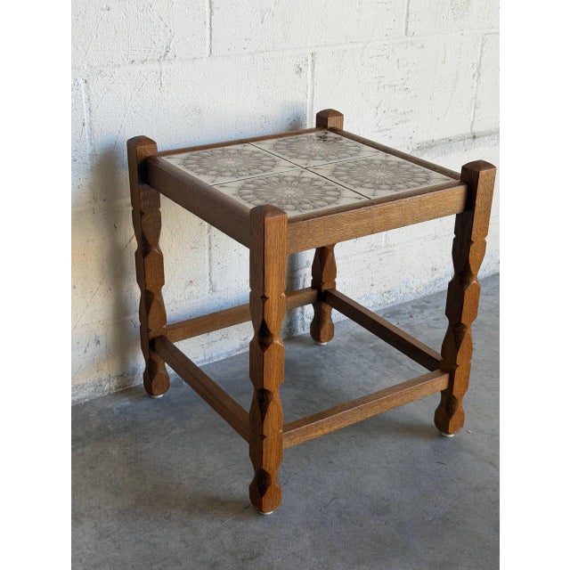 Wood Oak Small Table Patterned Ceramic Tile Top Danish Vintage Accent Side End Table 1970s For Sale - Image 7 of 10
