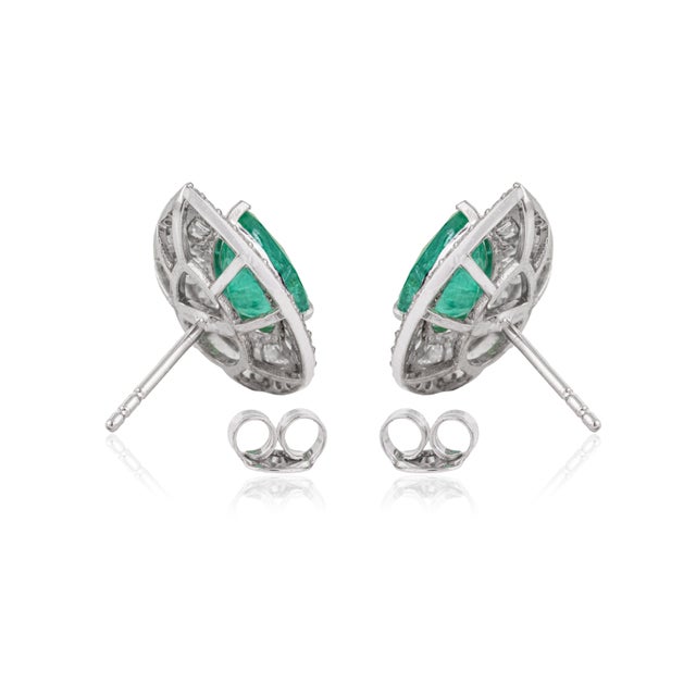 3.16ct Emerald & 1.2ct Diamond Double Halo Cluster Earrings in 18k White Gold- 2 Pieces For Sale - Image 10 of 17