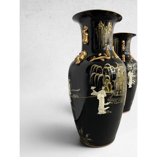 Black Pair of Monumental Chinoiserie Black & Gilt Figural Floor Vases, 36” For Sale - Image 8 of 8