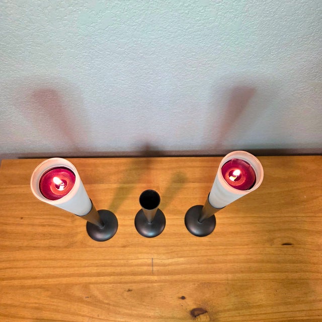 Set of 3 Northern Lights Malibu Tealight Holders, Matte Black Metal & Frosted Glass Modern Candle Stands For Sale - Image 11 of 11