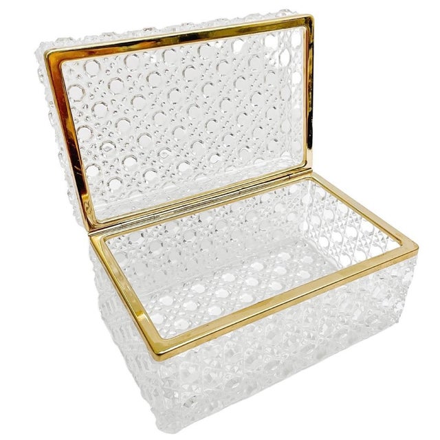 Brass Mid 20th Century French Diamond Cut Crystal Hinged Casket Box With Brass Frame For Sale - Image 8 of 8