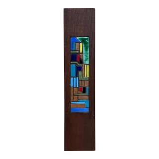 1970s Vertical Wooden Wall Art Colorful Geometric Enamel Copper Inlay For Sale